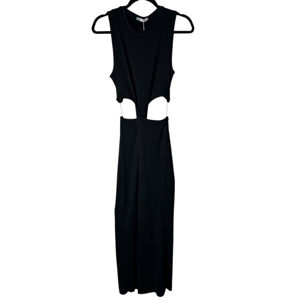 Zara Dress Size Medium Black Ribbed Midi Cut Out Sleeveless Twisted Form Fitting